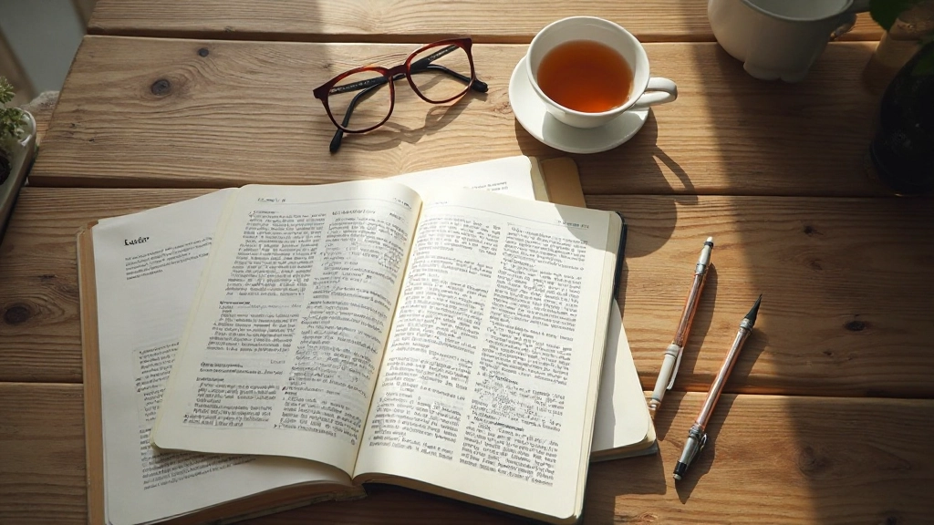 Schrijftafel met Nederlands woordenboek, notitieboek en pen voor taalstudies