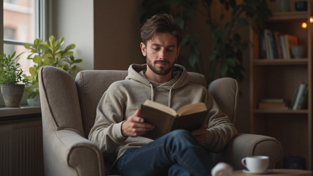 Jonge man zit in leunstoel en leest Nederlands boek met kopje koffie op bijzettafel in gezellige woonkamer