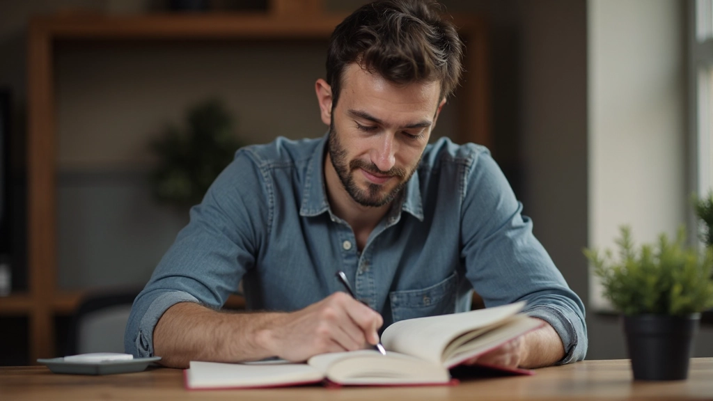 Mannelijke student schrijft aantekeningen terwijl hij Nederlands tekstboek leest met verschillende pagina's geopend op houten tafel