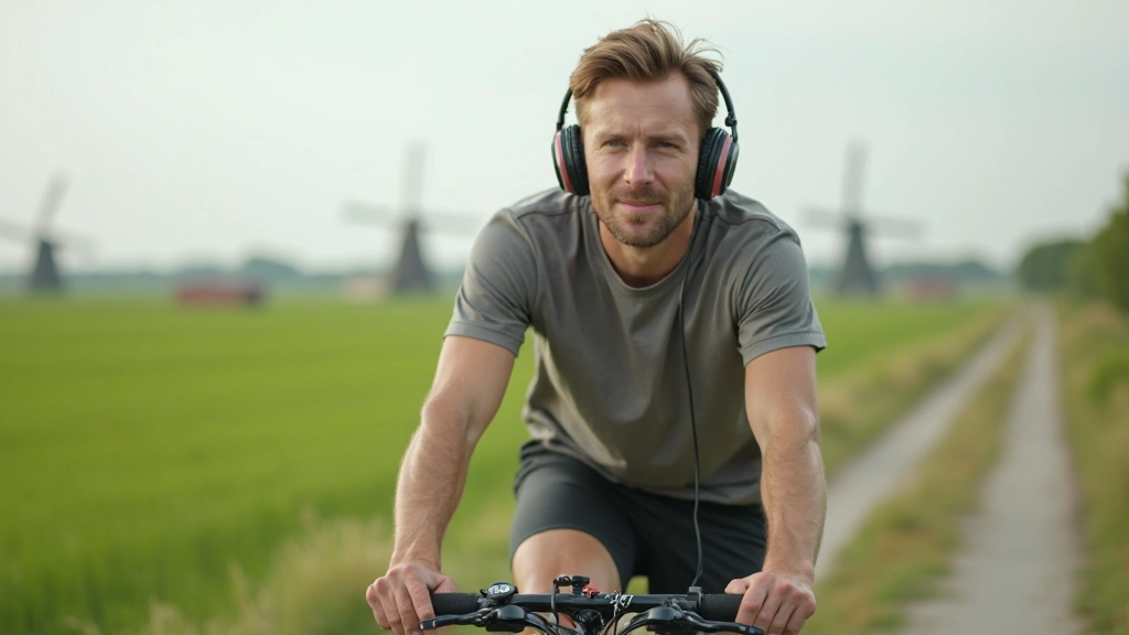 Persoon fietst door Nederlands landschap met koptelefoon, groene weiden en molens op achtergrond