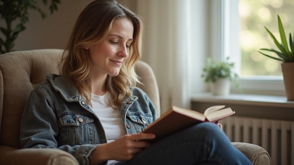 Persoon zit in een comfortabele leesstoelhang met Nederlands boek in handen, zonlicht komt door raam