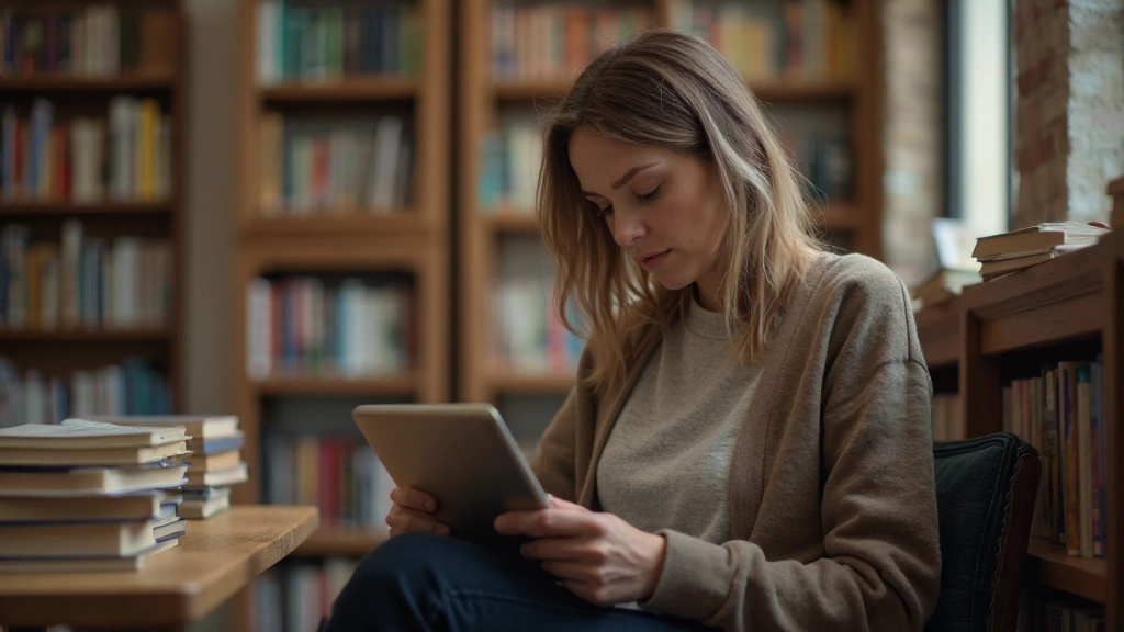 Persoon zittend in bibliotheek met tablet, leest Nederlandse artikel op scherm, rustige sfeer met boekenkasten op achtergrond