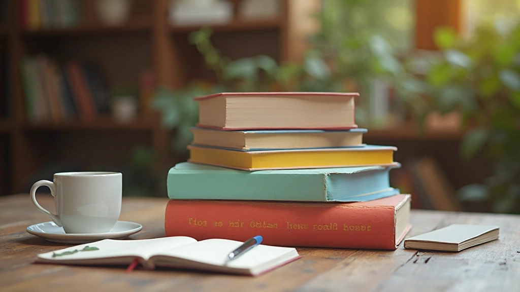 Stapel gekleurde kinderboeken op houten tafel met kopje thee en notitieblok
