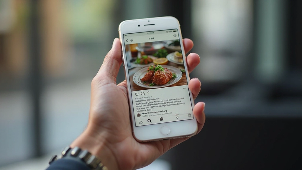Smartphone scherm toont Nederlands Instagram feed met recepten en reizigerstips, warm gekleurde interface