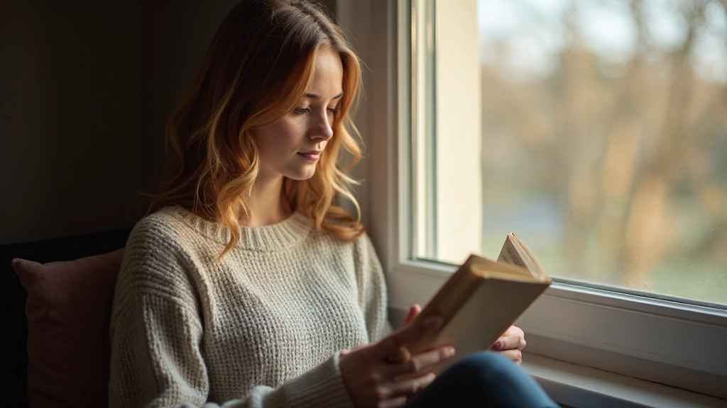 Vrouw leest Nederlands boek op comfortabele zitplek met natuurlijk daglicht van raam