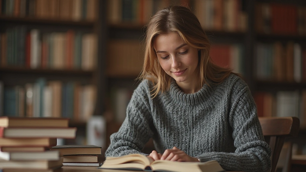 Vrouwelijke scholier leest Nederlands boek in bibliotheek met stapels boeken op houten tafel en raam op achtergrond